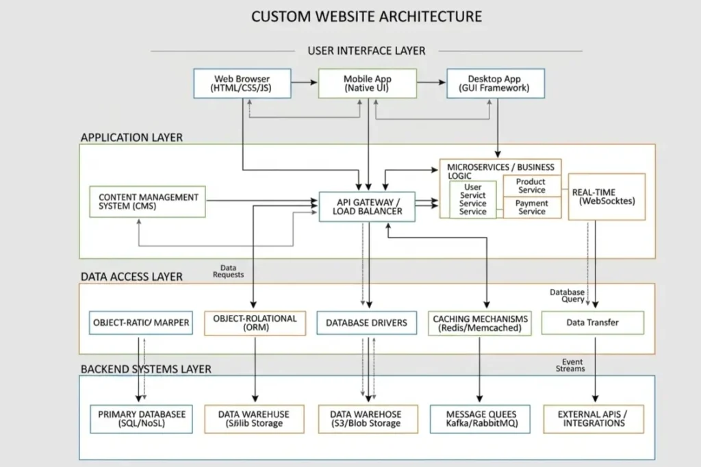 Custom website development architecture showing scalable infrastructure and performance optimization