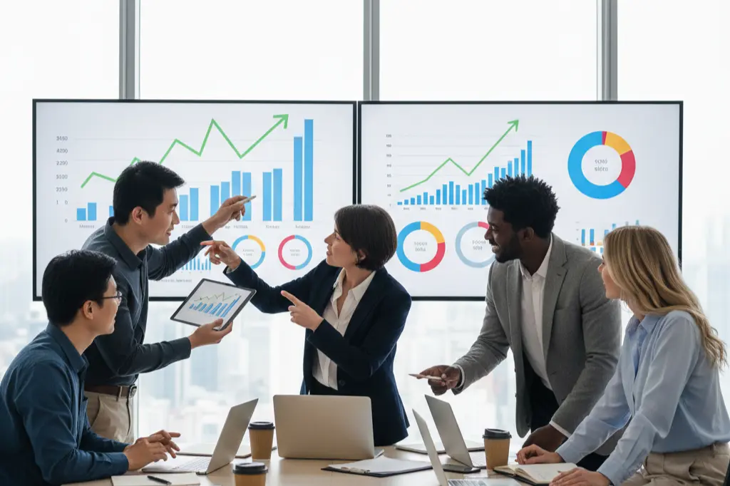 Professional team analyzing impact of social media marketing on business metrics and growth performance