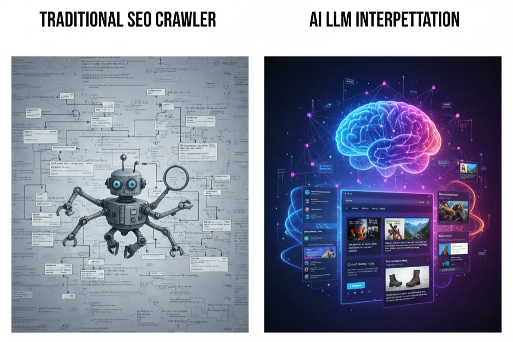 Comparison showing traditional SEO crawler versus LLM technical SEO AI interpretation of website structure