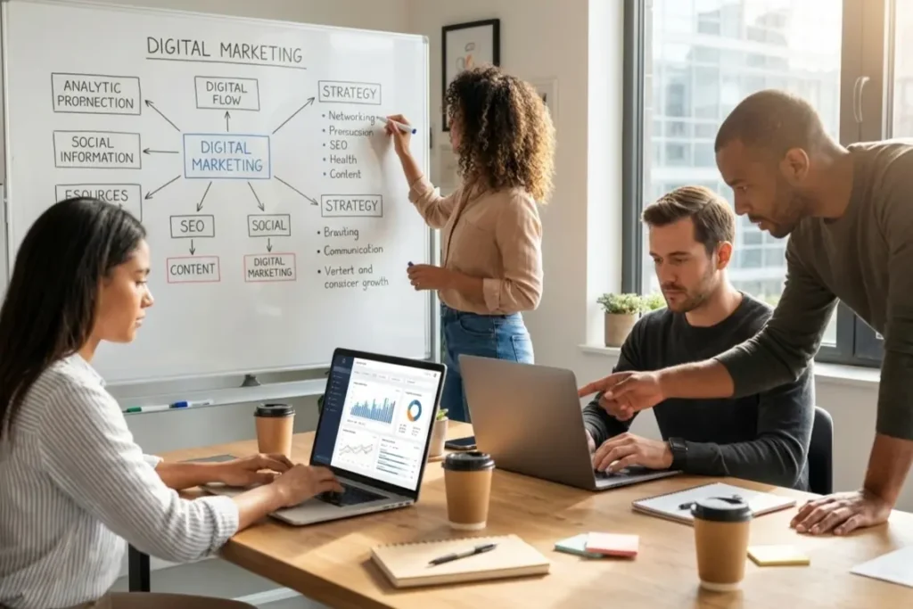 Digital marketing agency services team brainstorming client campaigns