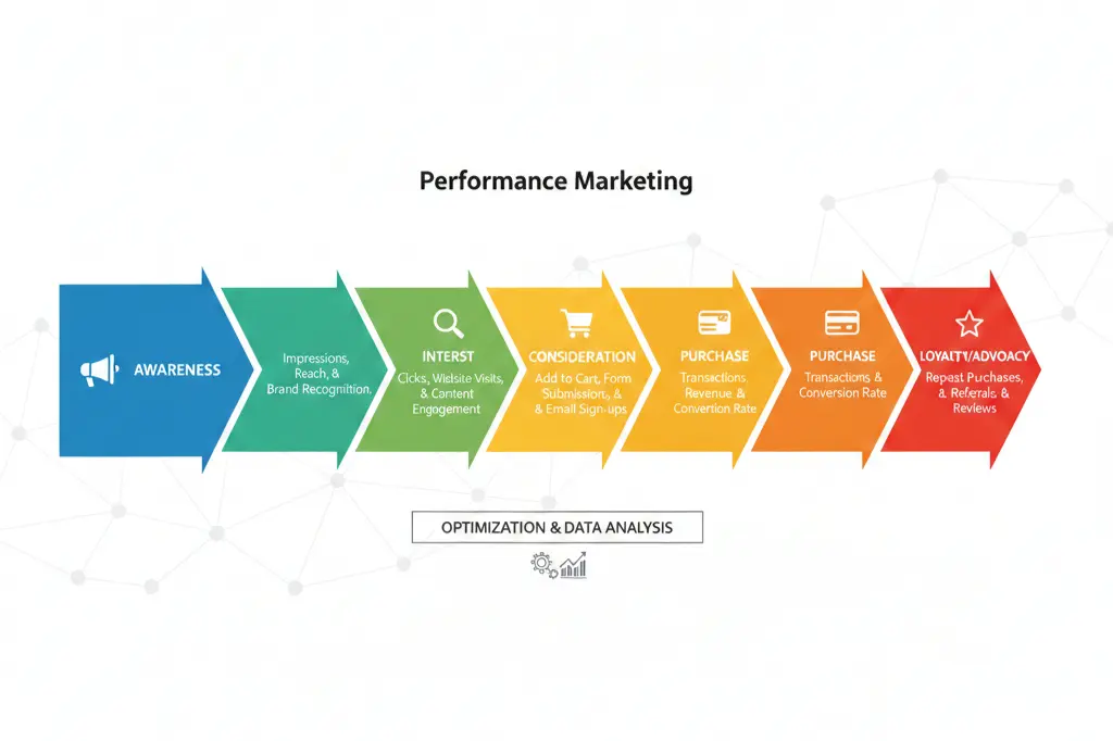 performance marketing funnel visualization showing lead generation and sales growth