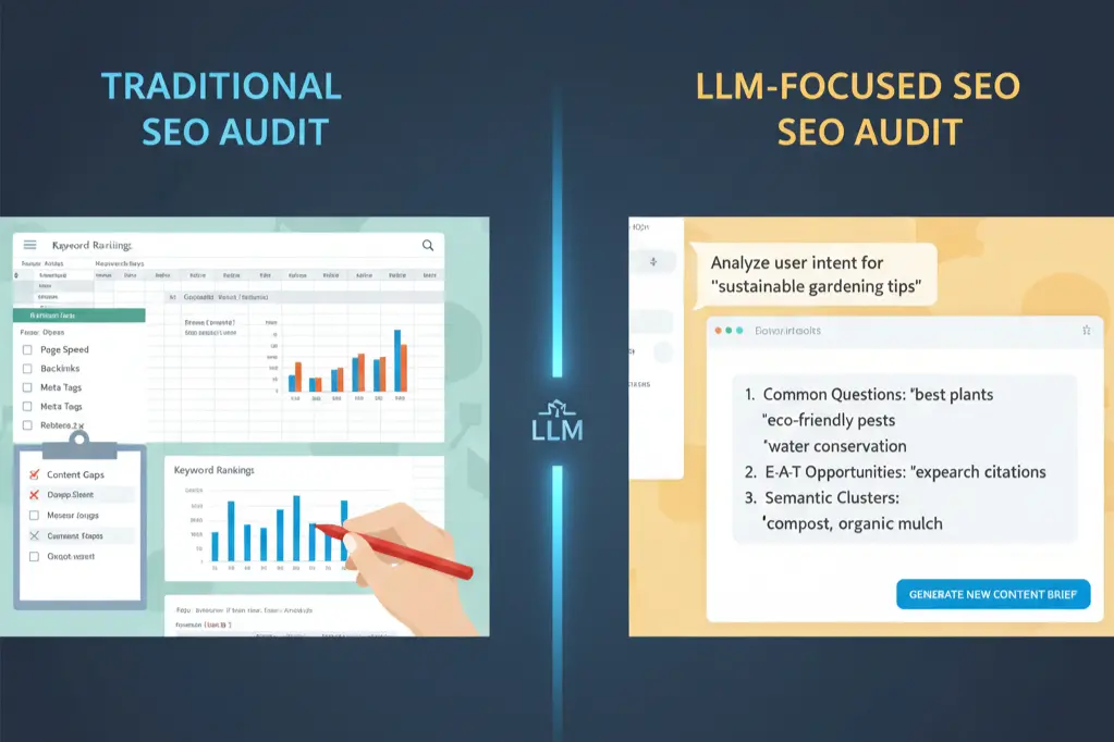 Comparison of traditional SEO audit and modern LLM SEO audit methodology