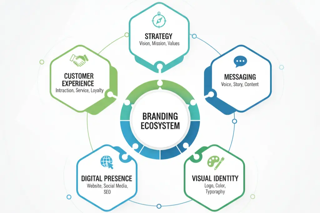 Branding services components including brand strategy and visual identity design