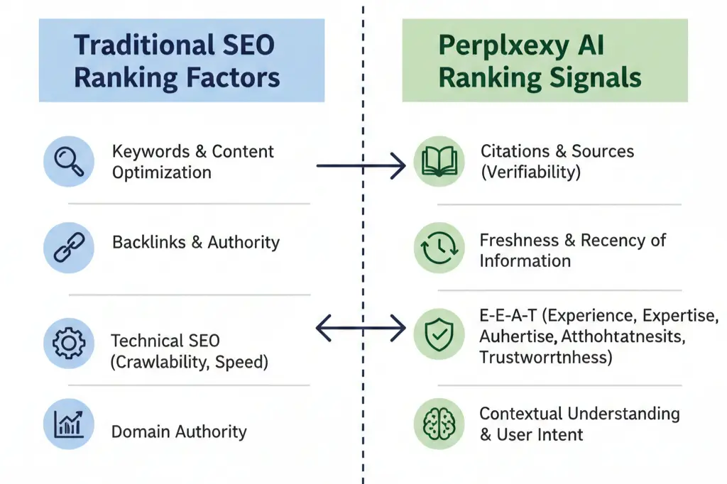 Perplexity AI ranking factors infographic comparing traditional SEO with AI-driven search optimization