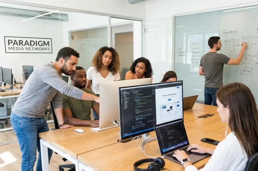 Paradigm Media Networks web development team working on frontend and backend solutions