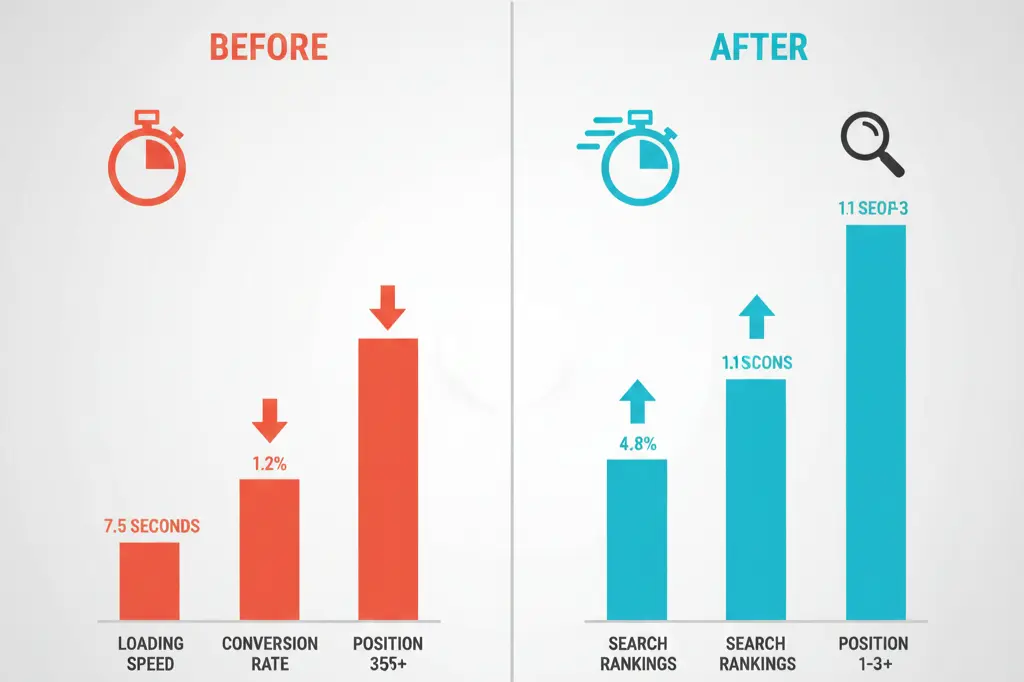 Website performance metrics improvement after professional website development showing faster load times and higher conversions