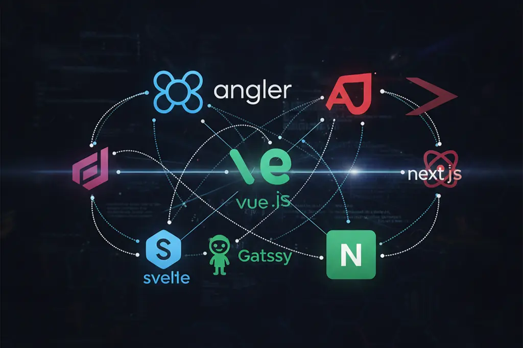 Popular frontend development frameworks including React Vue and Angular