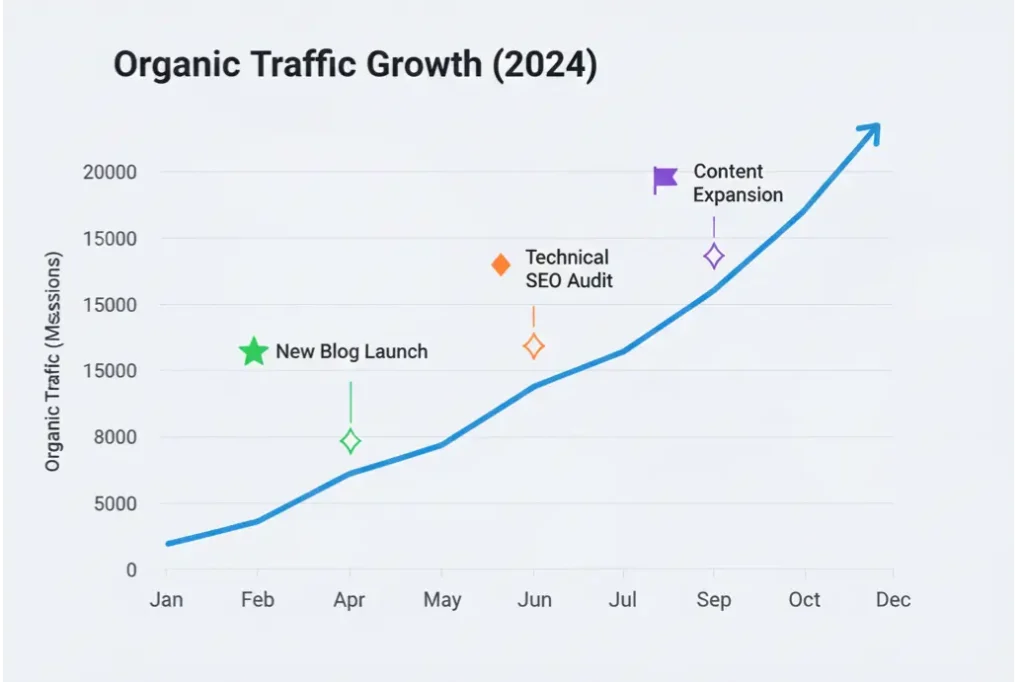 Business growth through SEO-friendly website development showing increasing organic traffic and conversions