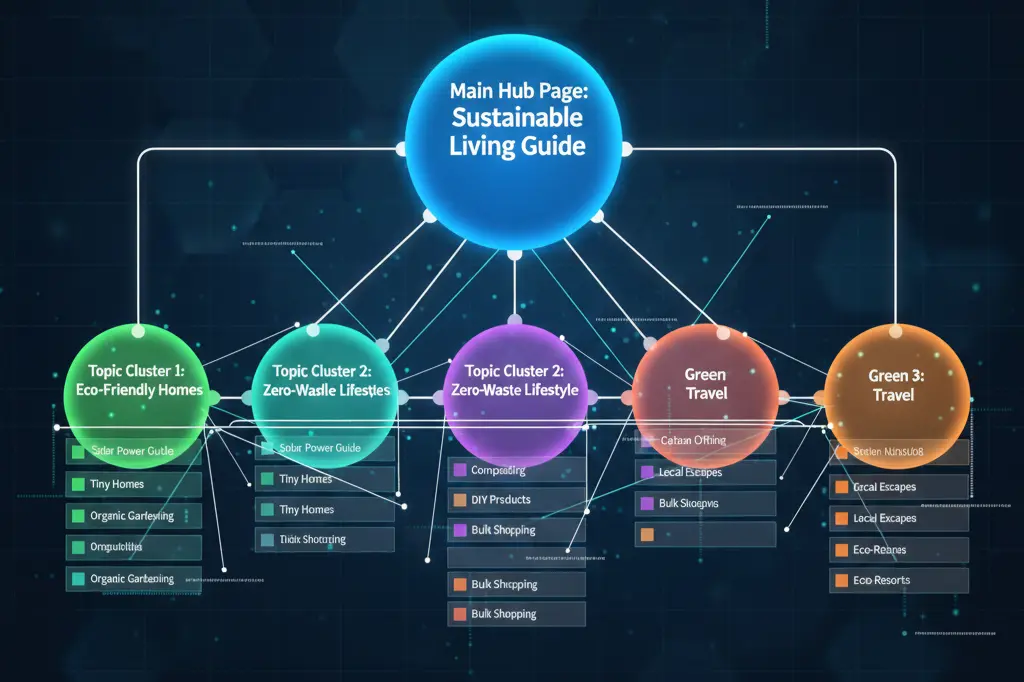 AI-optimized website architecture showing topic clusters and semantic internal linking for LLM technical SEO