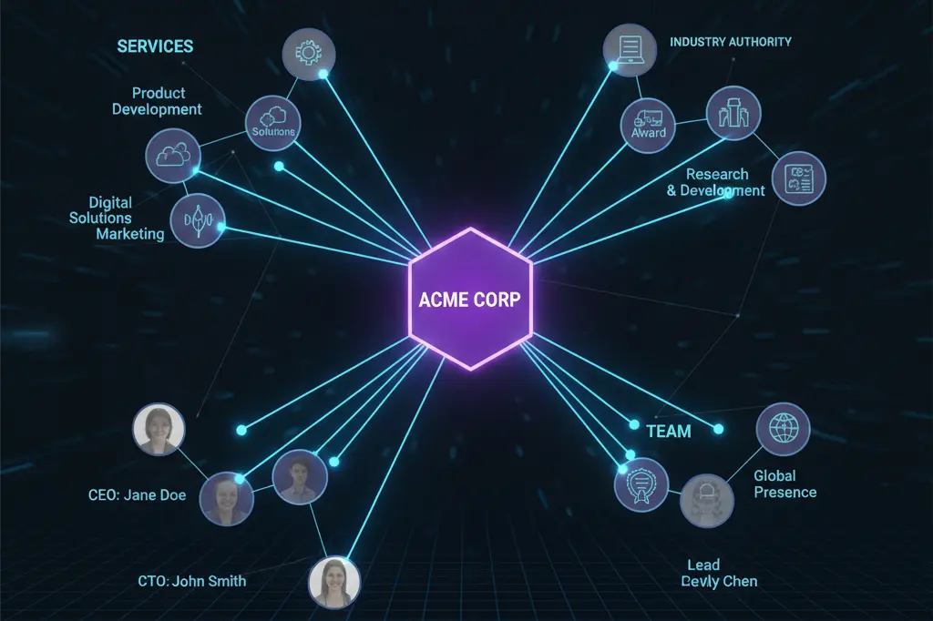 Brand knowledge graph visualization showing company entities connected to services, team, and industry authority