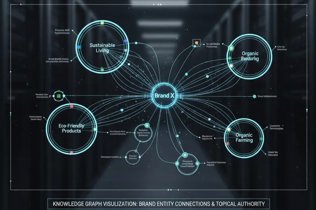 Brand entity knowledge graph demonstrating LLM SEO entity relationships and authority signals