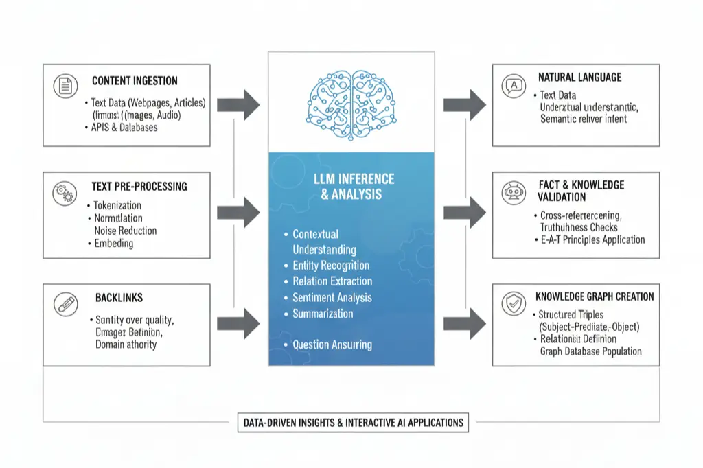 LLM content evaluation process showing entity extraction semantic analysis and knowledge graph building