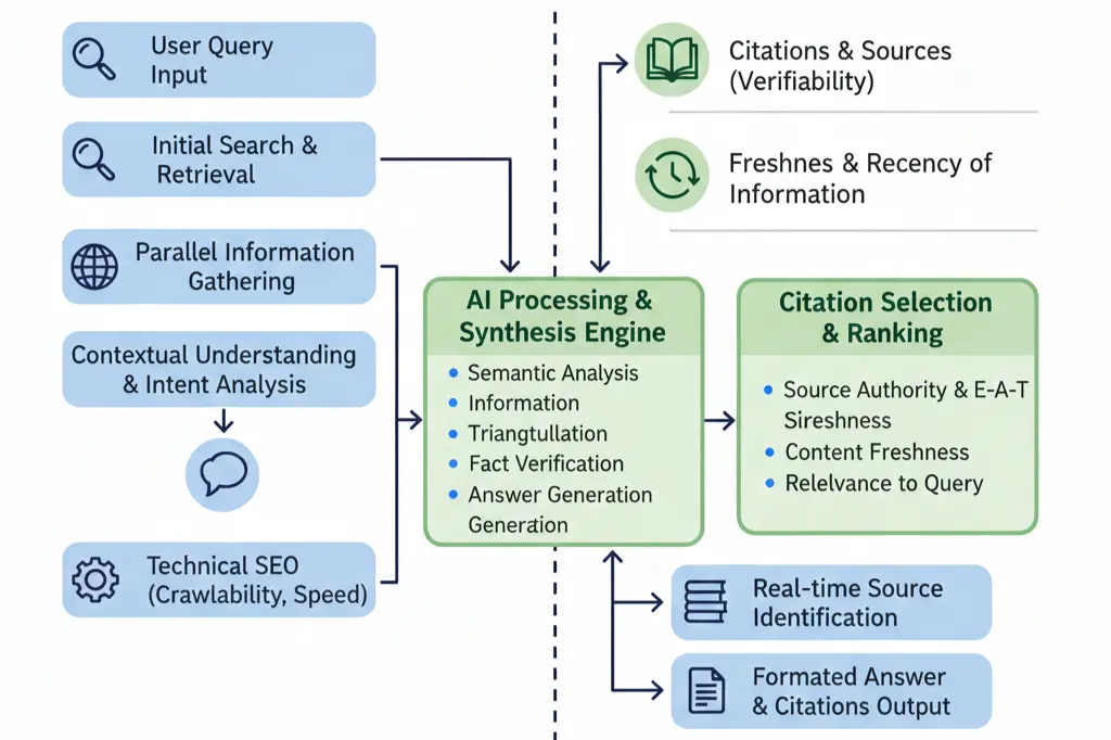 How Perplexity AI search engine works flowchart showing query processing and content citation selection