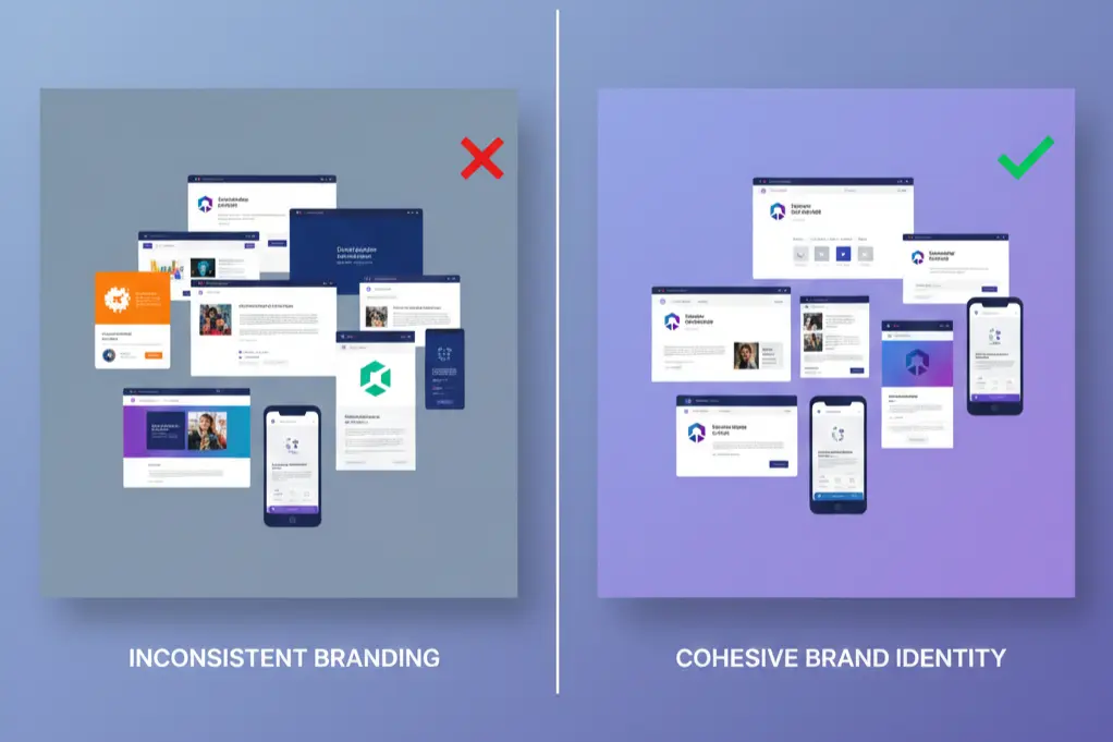 Digital branding comparison showing consistent vs. inconsistent brand voice across social media, website, and content marketing channels.