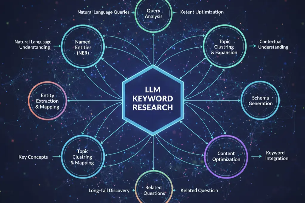 Entity-based keyword cluster diagram showing semantic connections between related topics