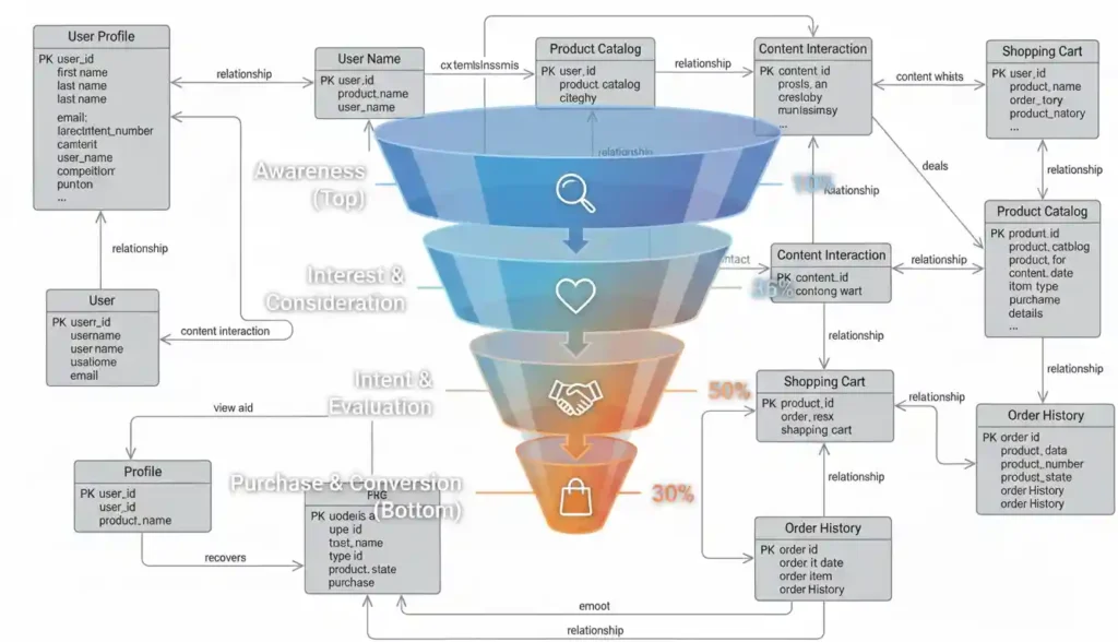 Entity-optimized content strategy showing semantic relationships driving conversion paths