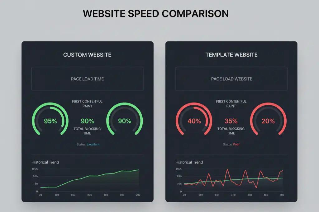 Performance comparison showing custom website development advantages over template solutions