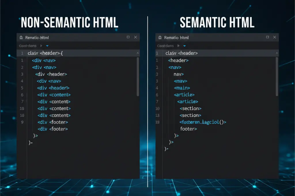 Semantic HTML code example for LLM technical optimization compared to non-semantic markup