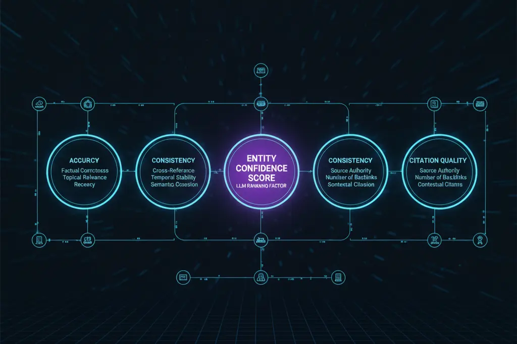 Entity confidence score factors for LLM rankings showing accuracy, consistency, and citation quality