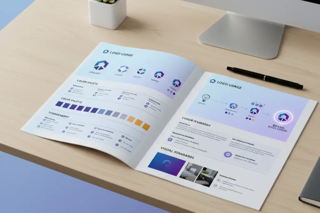Brand strategy guidelines showing logo variations, color palettes, typography, and visual standards for consistent brand development across channels.
