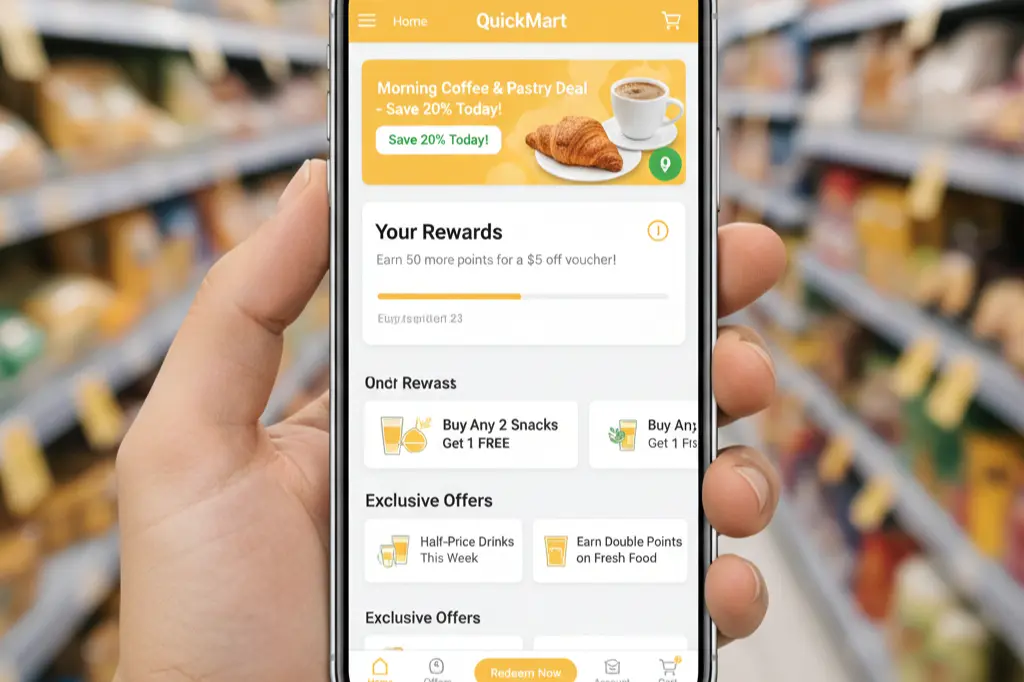 Mobile marketing app showing convenience store promotions and loyalty rewards