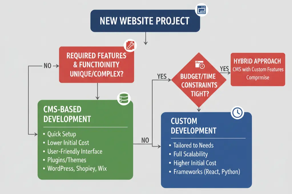 Decision flowchart for selecting custom website development versus CMS-based solutions for businesses