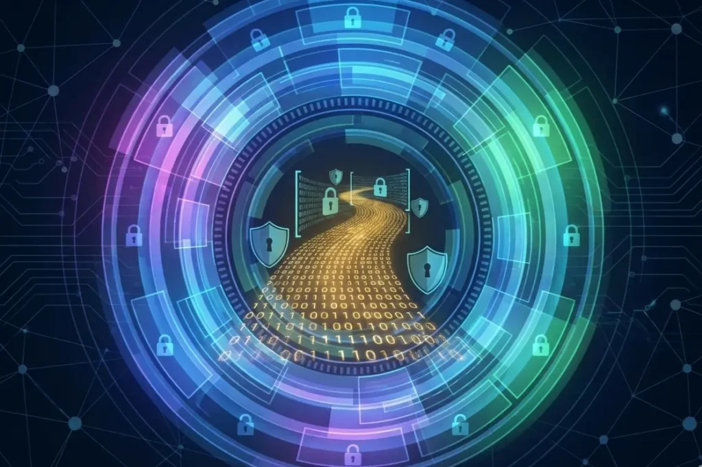 Secure backend development showing data encryption and protection layers