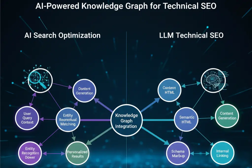 Knowledge graph integration showing entity relationships for AI search optimization and LLM technical SEO