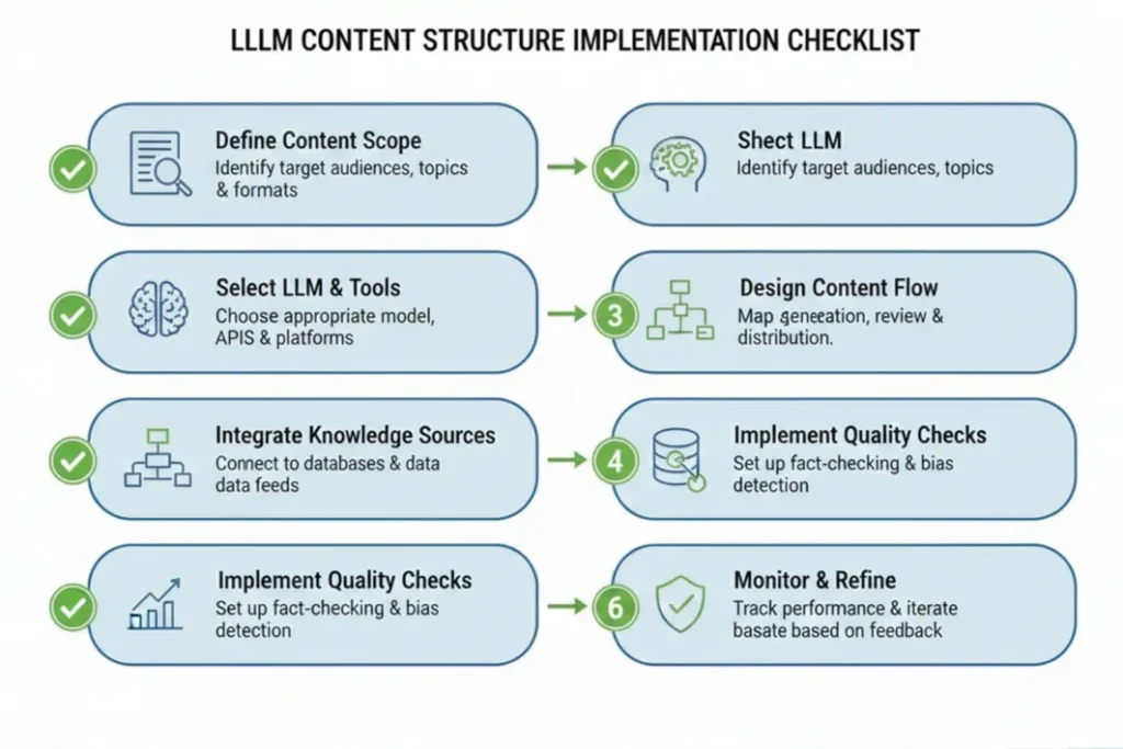 Seven step checklist for structuring LLM friendly content with visual indicators