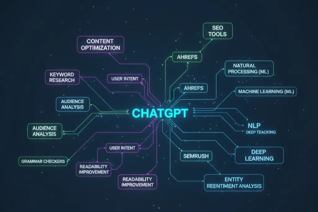entity relationship diagram for ChatGPT content optimization showing connections between AI tools and SEO concepts