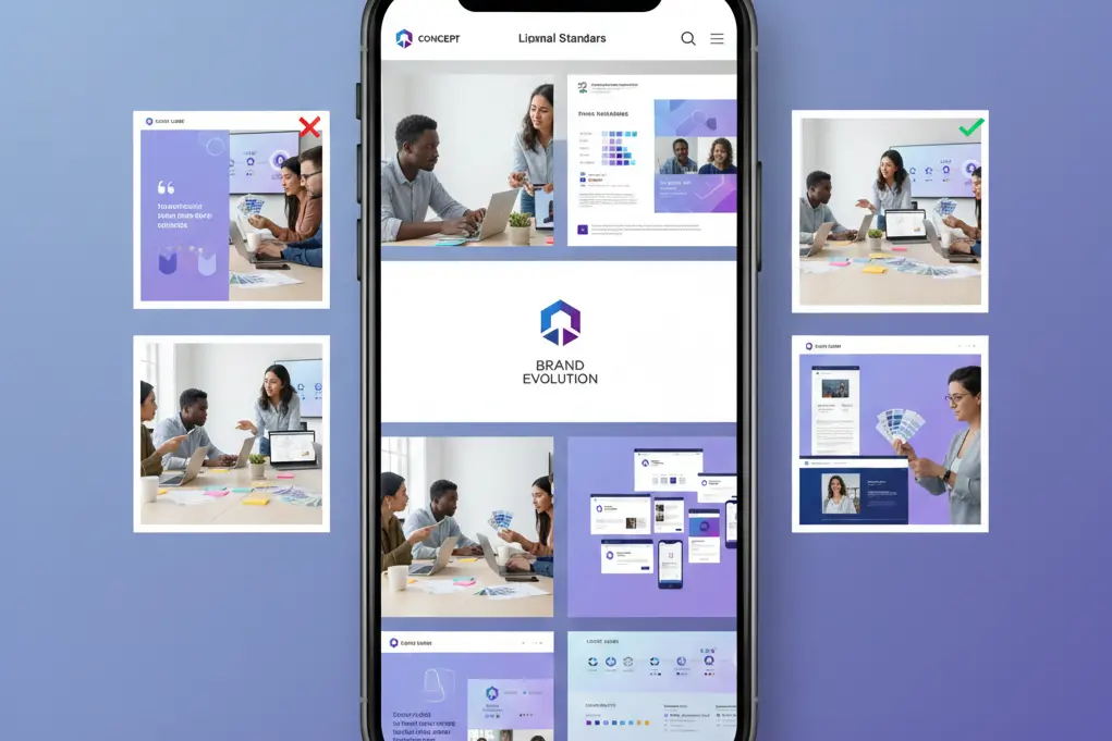Social media branding grid showing consistent visual identity, color palette, and content style across Instagram, LinkedIn, and Facebook platforms.