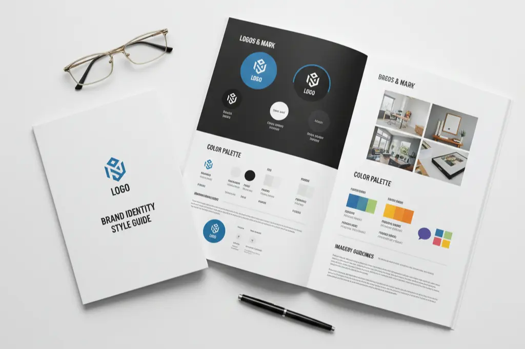 Professional brand identity style guide with logos colors and typography standards