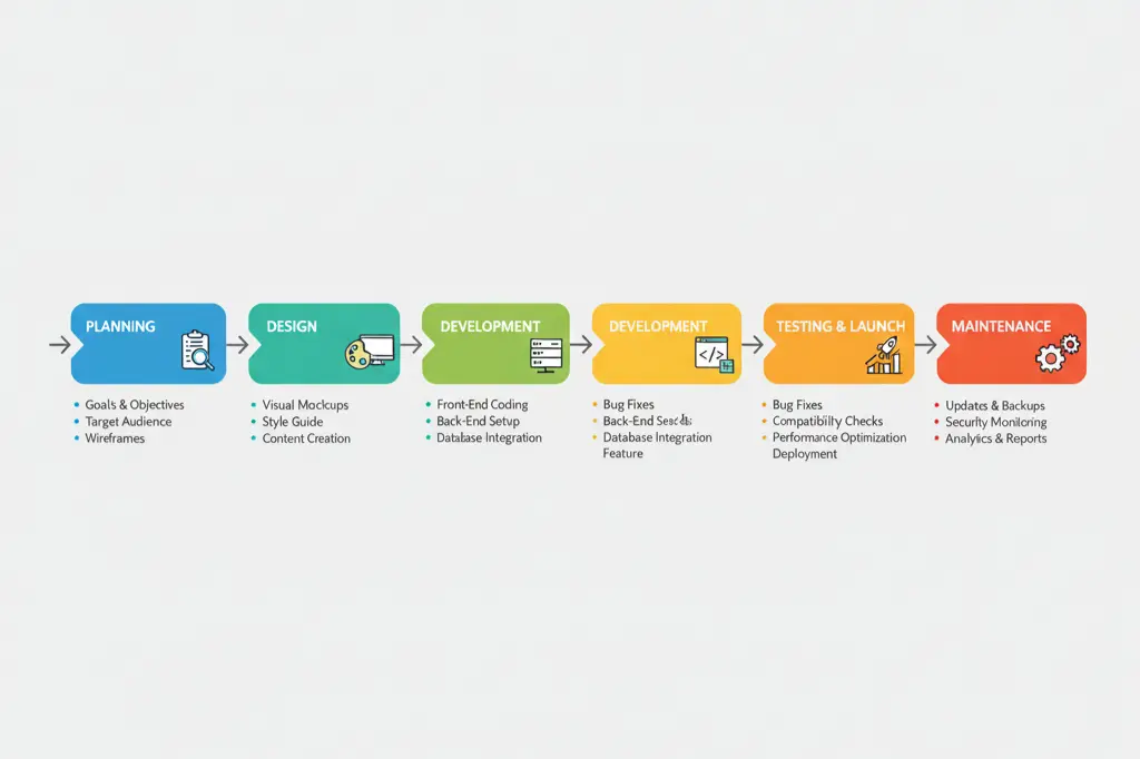 Step by step website development process timeline from discovery to launch and maintenance