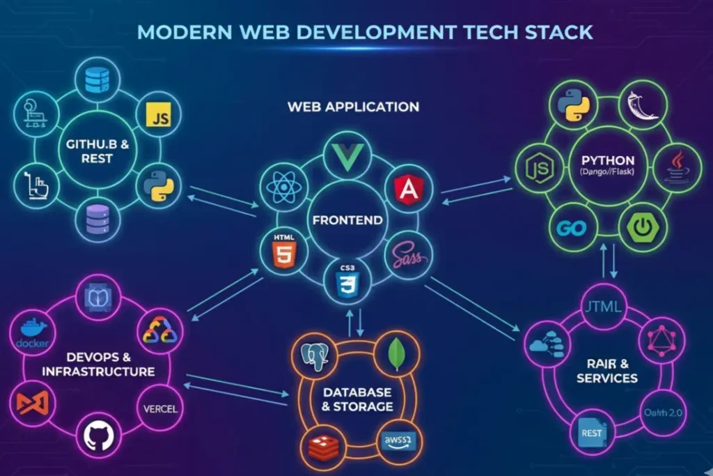 Comprehensive tech stack for custom website development including React, Node.js, and cloud solutions