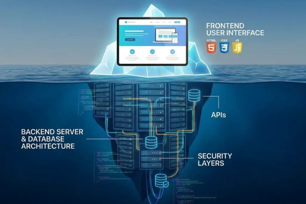 Frontend vs backend development comparison showing visible interface and hidden infrastructure