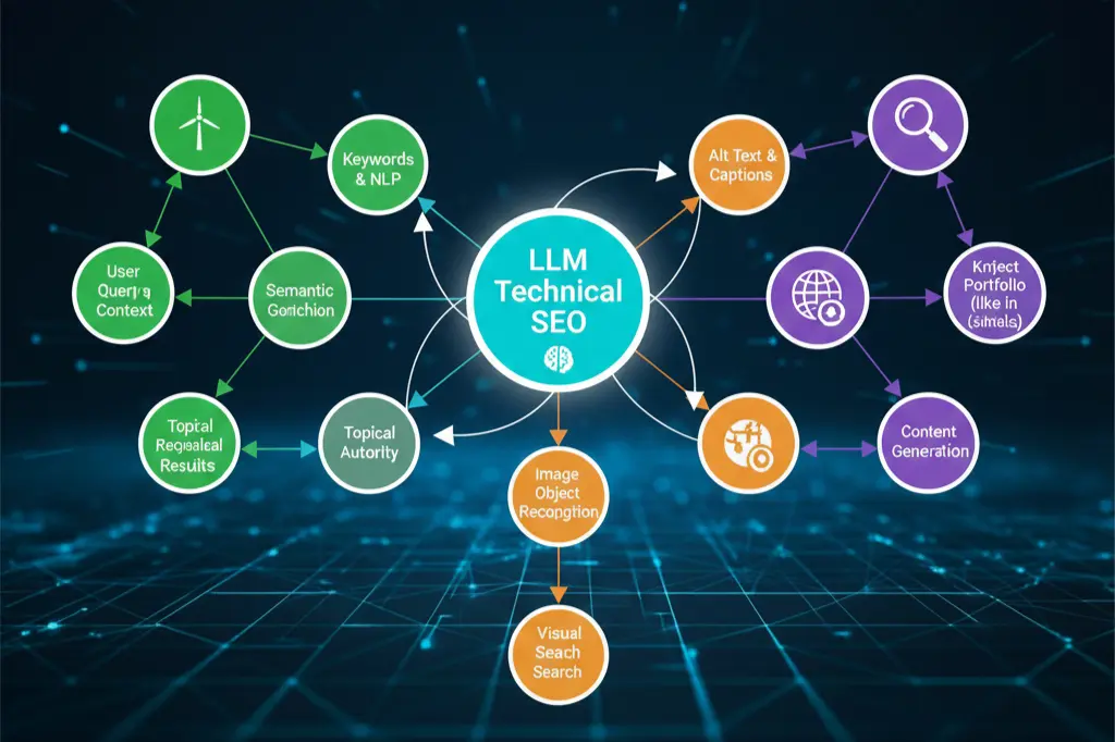 Multimodal SEO optimization elements including text, images, and structured data for LLM technical SEO