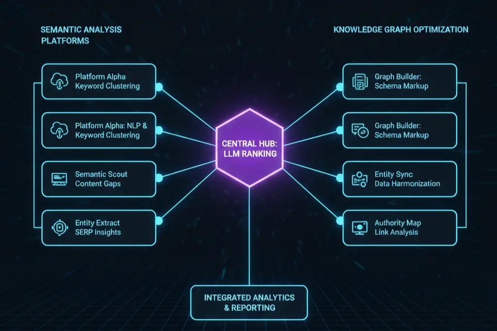 Entity SEO tools stack showing semantic analysis and knowledge graph optimization platforms