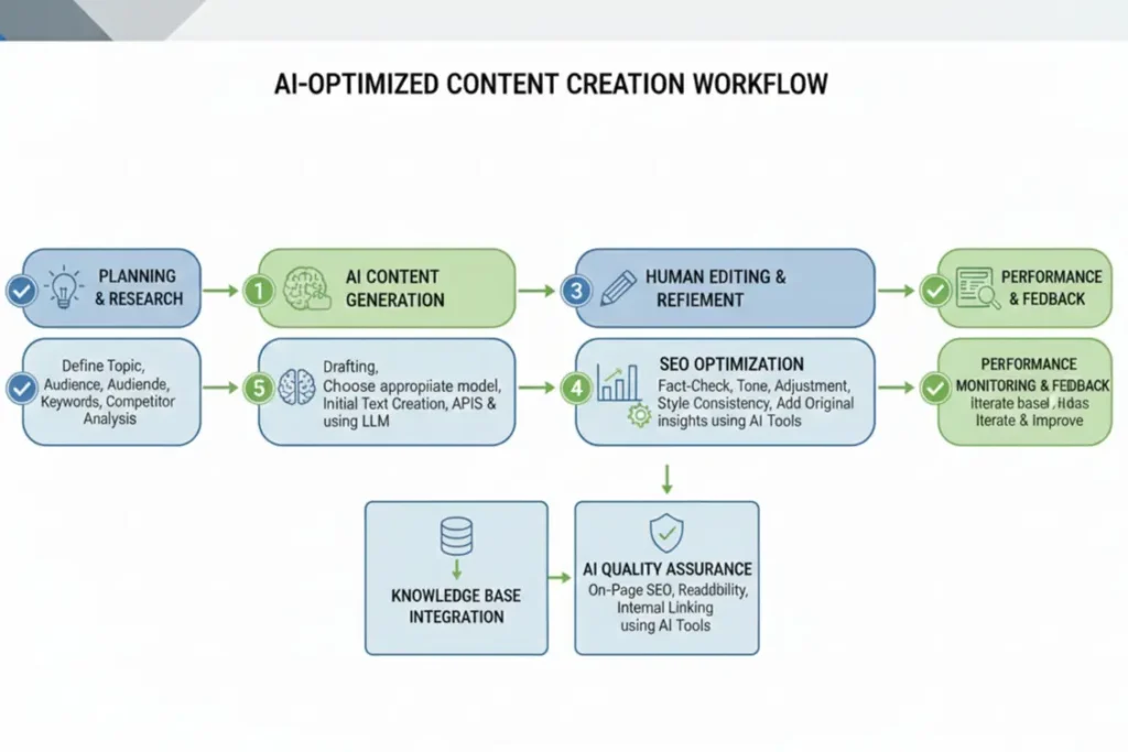 AI content optimization workflow showing tools integration for LLM friendly content creation