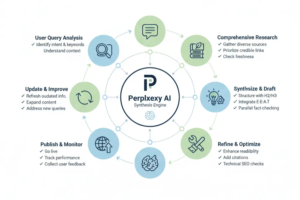 Perplexity AI content optimization workflow infographic for digital marketing agencies