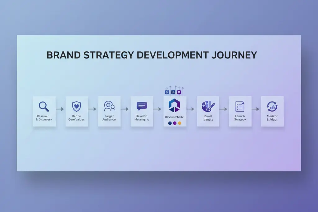 Brand strategy development roadmap showing 8-step process from audit through implementation and consistency for how to develop a brand strategy in 2025.