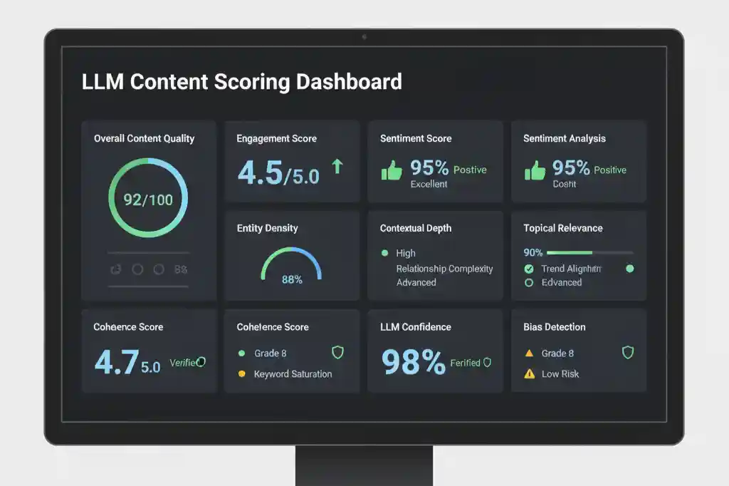 LLM content scoring dashboard displaying entity coverage and semantic optimization metrics