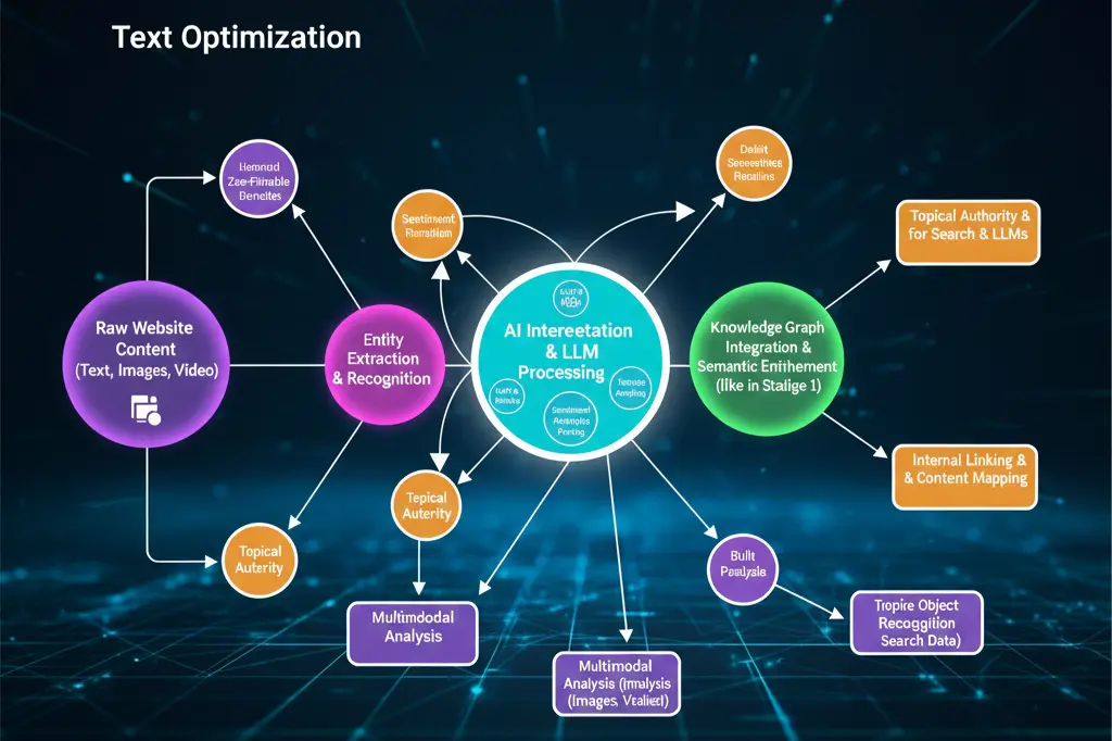 LLM-based content indexing process showing AI interpretation and entity extraction
