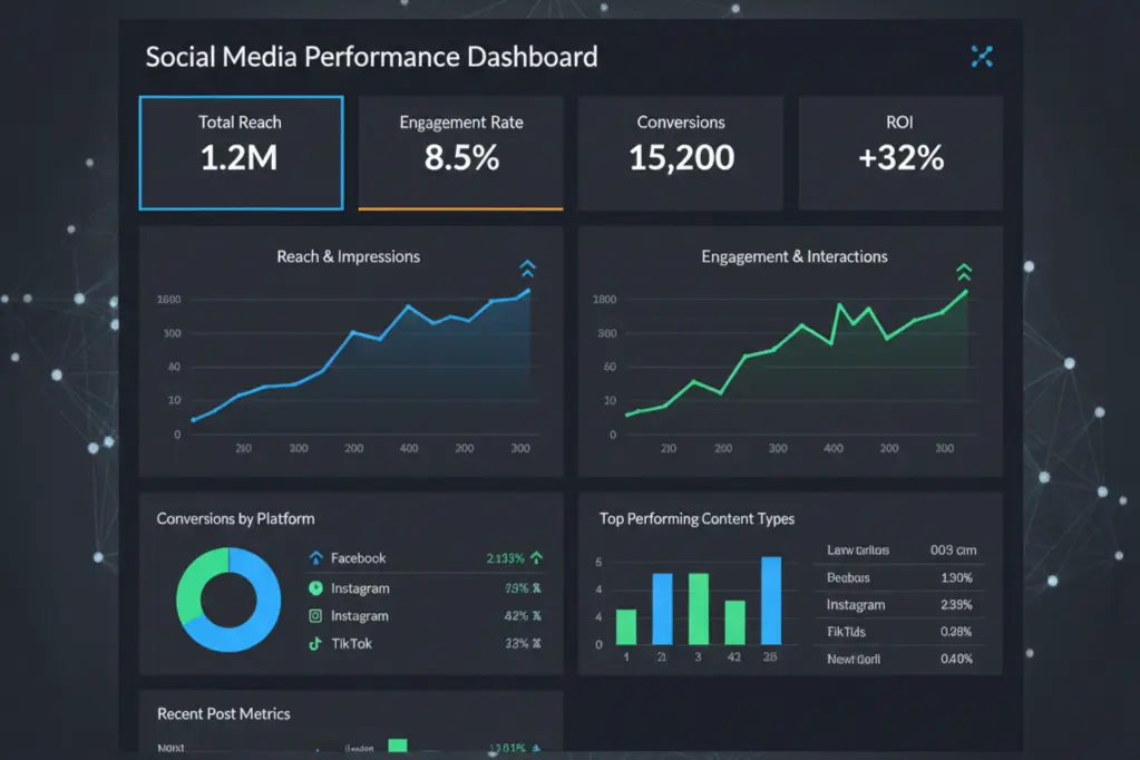 Social media marketing performance metrics dashboard tracking reach, engagement, and conversion analytics