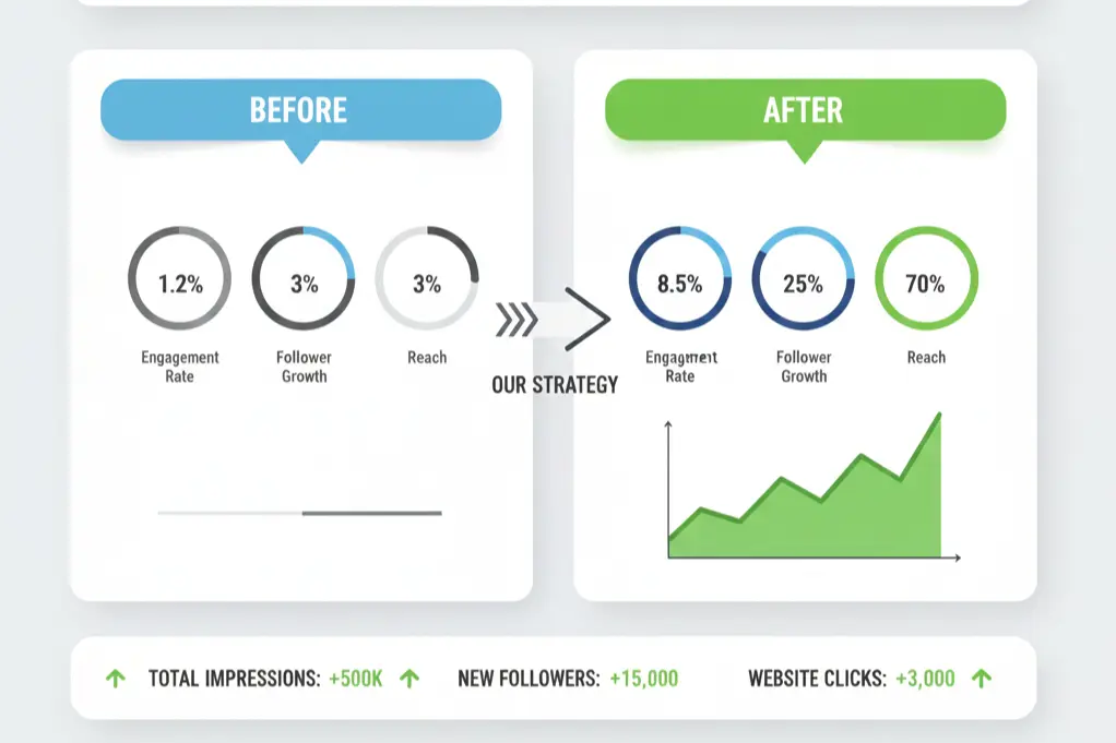 Social media marketing portfolio examples showing client growth results