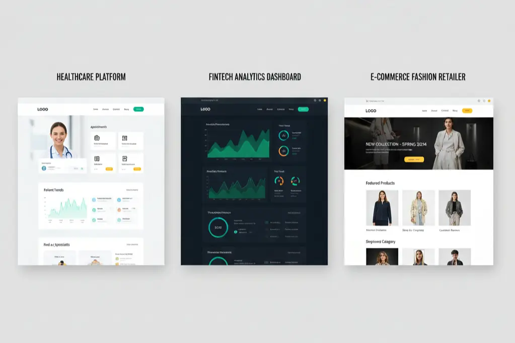 Custom website development examples across multiple industries including healthcare and e-commerce