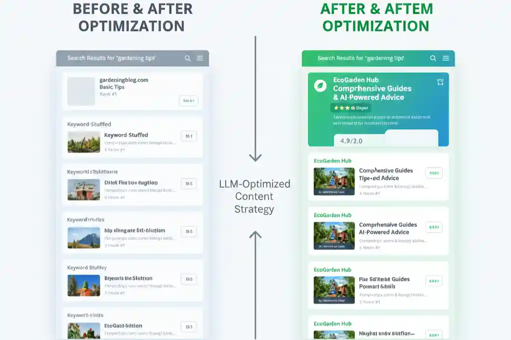 Page ranking improvement visualization showing LLM-driven content optimization results