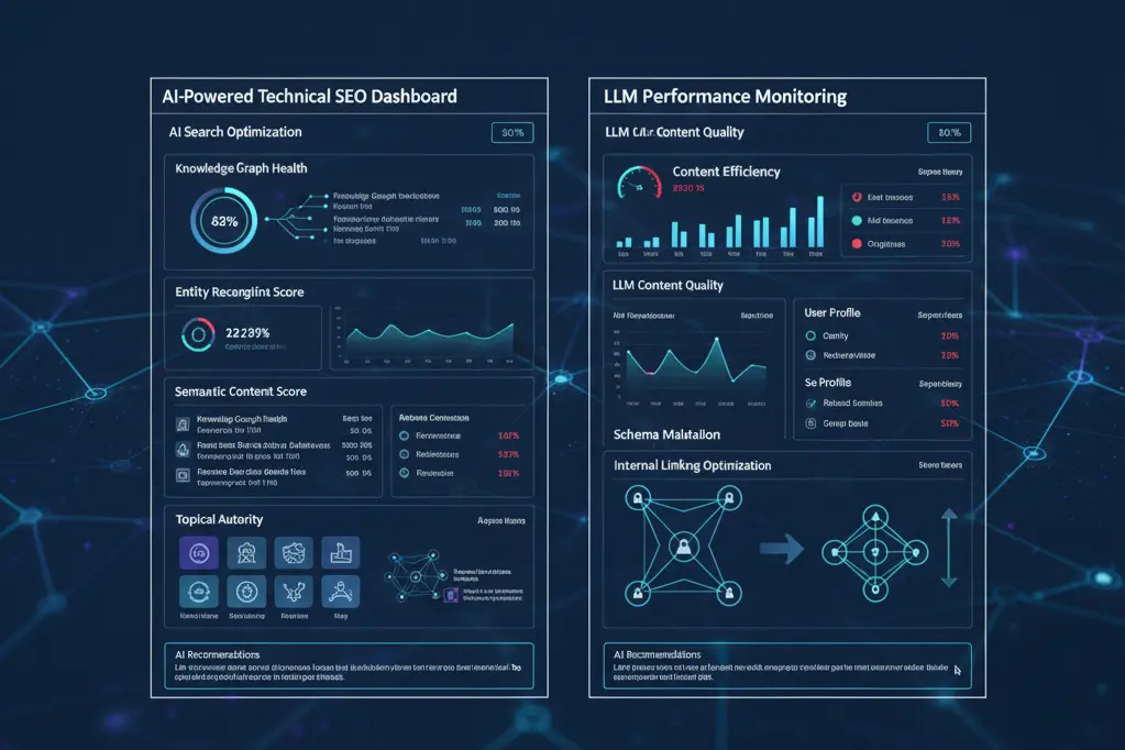 Technical SEO tools dashboard for AI search optimization and LLM performance monitoring