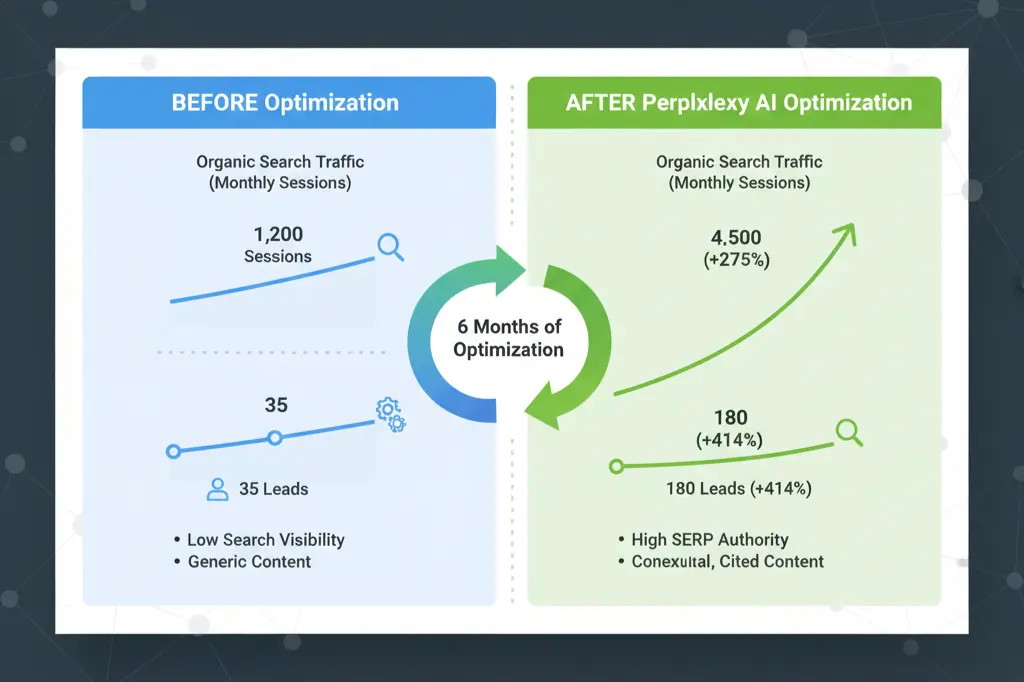 Perplexity AI SEO case study results showing traffic increase and lead generation for digital marketing agency