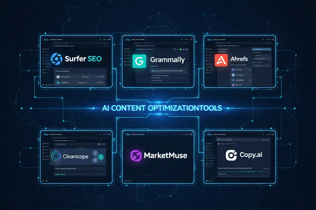 collection of AI content optimization tools including Surfer SEO Grammarly and Ahrefs for ChatGPT