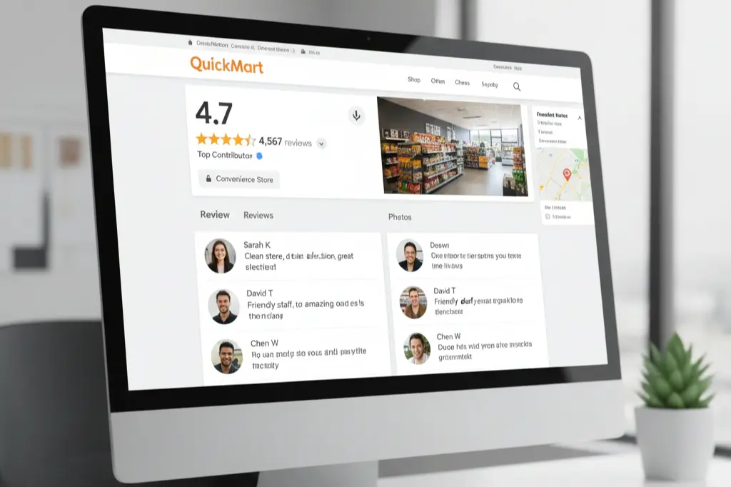 Online review management showing positive customer testimonials for convenience store